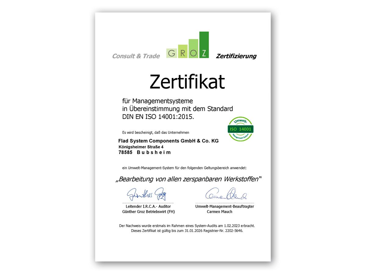 Vorschau des Zertifikates für Managementsysteme in Übereinstimmung mit dem Standard DIN EN ISO 14001:2015